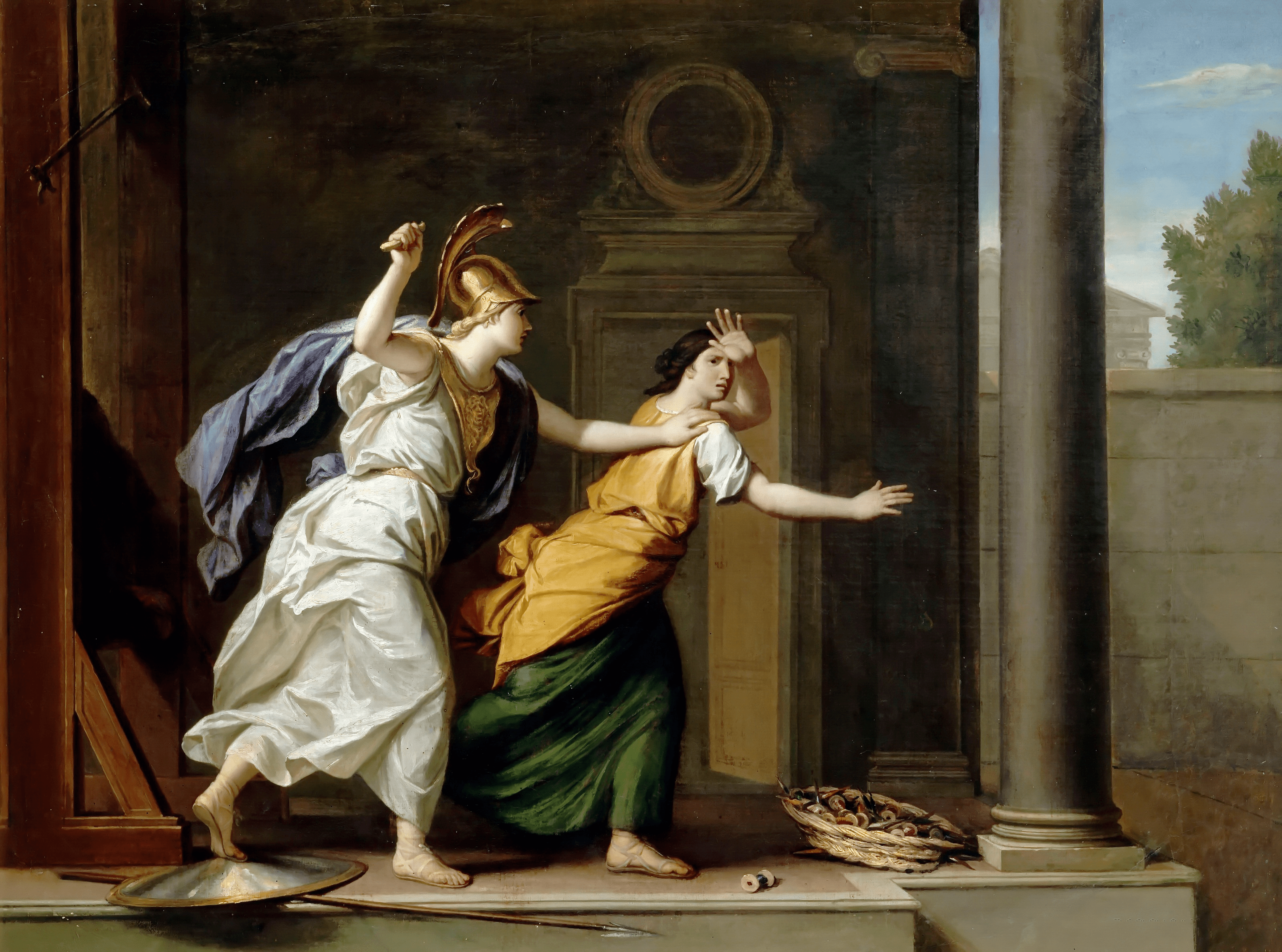 René-Antoine Houasse - GalleriX, Public Domain. Athena is chasing Arachne to hit her.