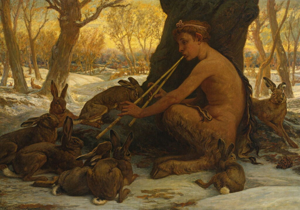 Marsyas painting from Elihu Vedder (1836–1923), Young Marsyas (Marsyas Enchanting the Hares) (1878), oil on canvas