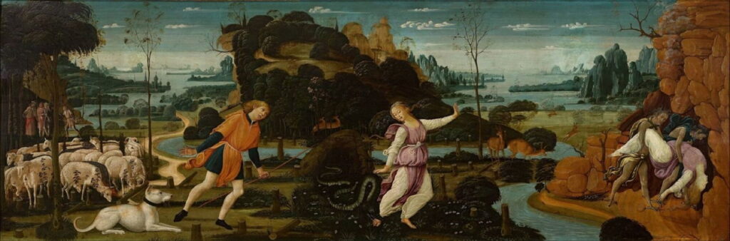 Jacopo da Sellaio (1441/1442–1493), Orpheus, Eurydice and Aristaeus (1475-80), oil on panel, 60 × 175 cm, Museum Boijmans Van Beuningen, Rotterdam, The Netherlands. Wikimedia Commons.