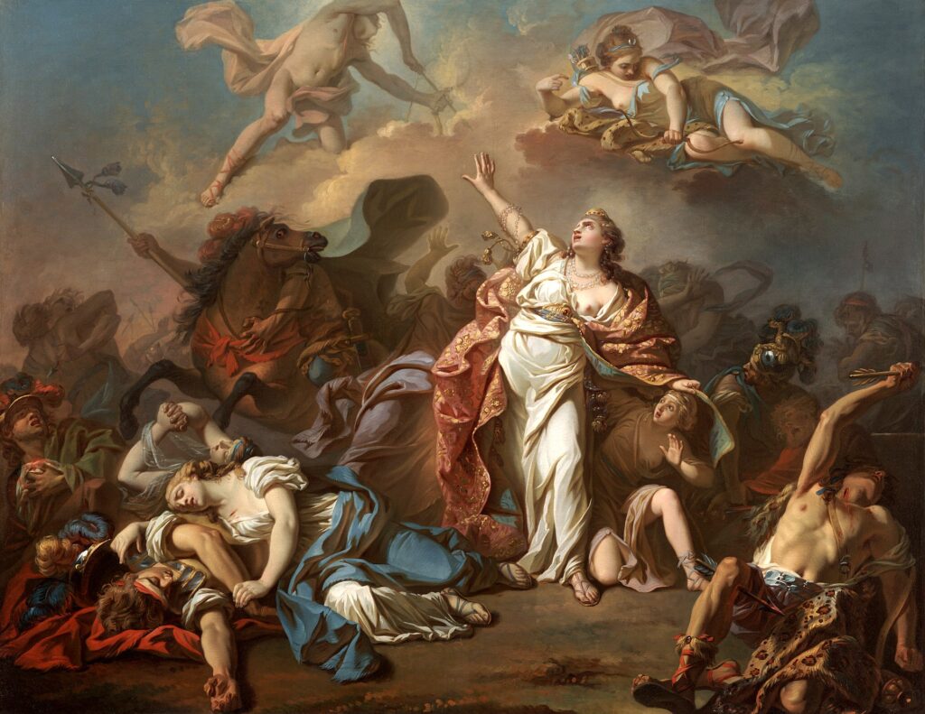 Jacques-Louis David depicting Niobe attempting to shield her children from Artemis and Apollo