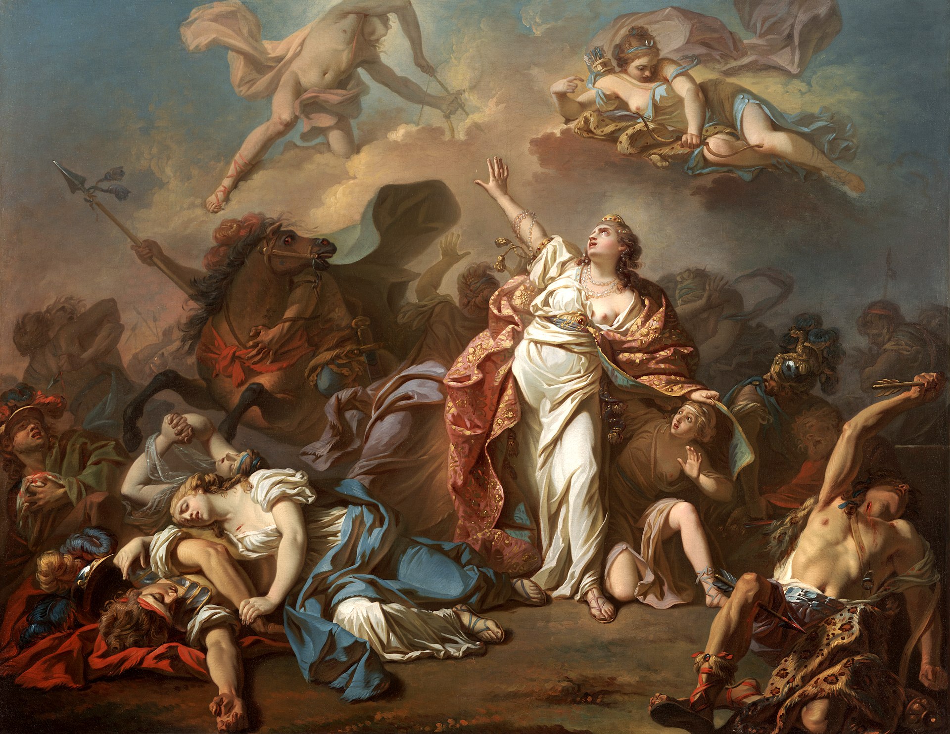 Jacques-Louis David depicting Niobe attempting to shield her children from Artemis and Apollo