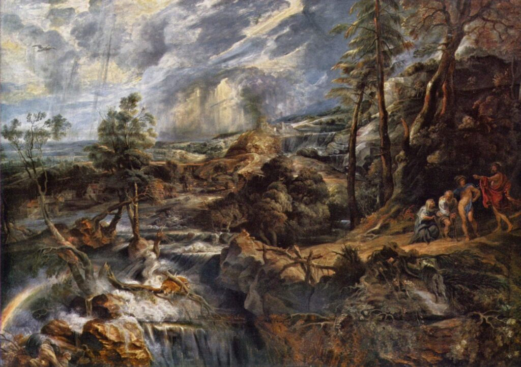 An oil painting depicting a stormy landscape with dark clouds and a dramatic sky. In the foreground, there are two figures, Philemon and Baucis, who appear small against the vastness of the scene. They are portrayed in conversation, with Philemon gesturing towards the stormy sky. The painting captures a sense of tension and awe in the face of nature's power.