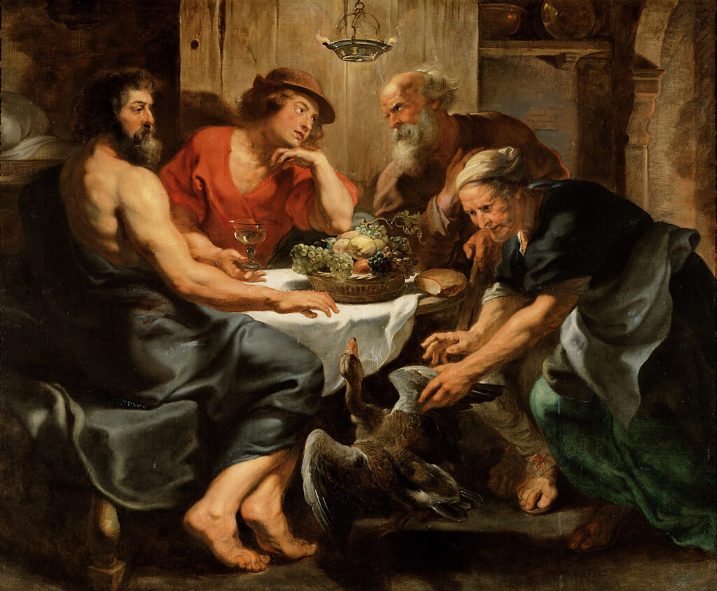 A mythological painting by Peter Paul Rubens depicting Jupiter, the king of the gods, and Mercury, the messenger of the gods, visiting the humble house of Philemon and Baucis. The painting showcases the interaction between the gods and the elderly couple, who are known for their hospitality and kindness. The scene is filled with vibrant colors, intricate details, and a sense of divine presence.