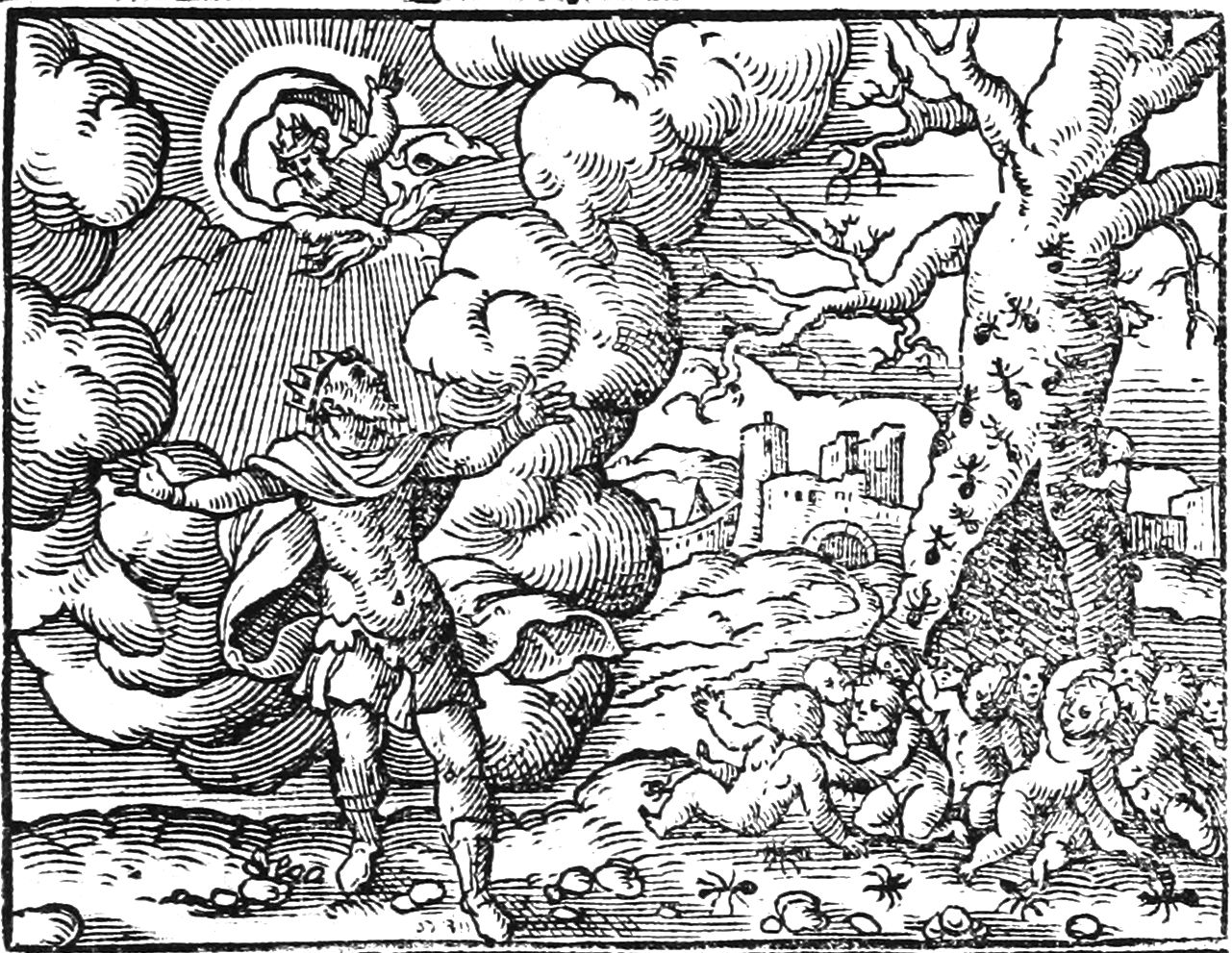 Virgil Solis (1514–1562), Myrmidons (1581), engraving for Ovid’s Metamorphoses Book VII, 622-642, fol. 94 v., imago 11, location not known.