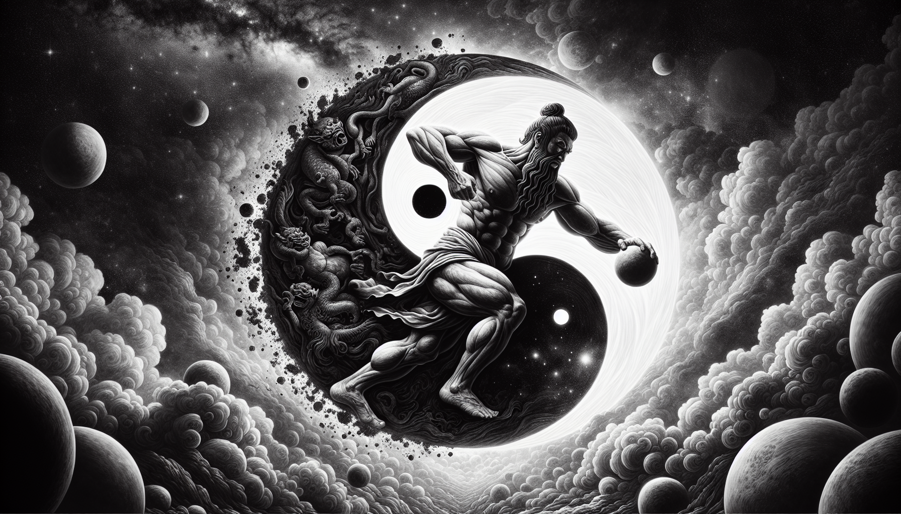 Illustration of Pan Gu separating yin and yang
