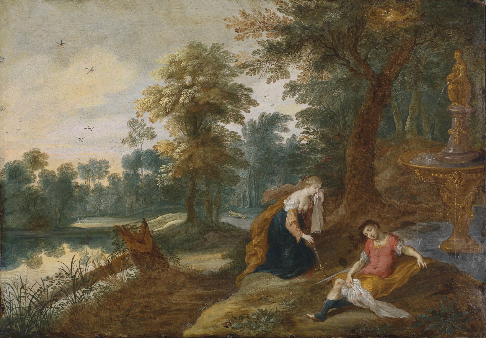 Jasper van der Laanen (fl. 1607–1624) (attr), Landscape with Pyramus and Thisbe (c 1615), oil on copper